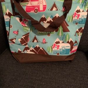 New! Happy camper tote with brown trim